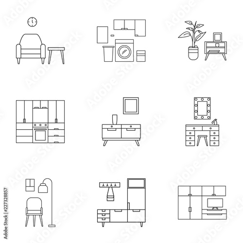Home furniture icon set. Outline set of 9 home furniture vector icons for web design isolated on white background