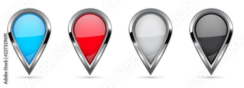 Location pins. 3d glass icons set with chrome frame