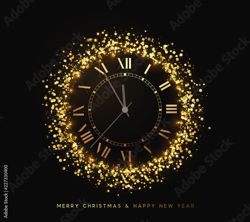 New Year shiny gold watch, five minutes to midnight. Merry Christmas. Xmas holiday. Glowing background with bright lights and golden sparkles. Design vector illustration
