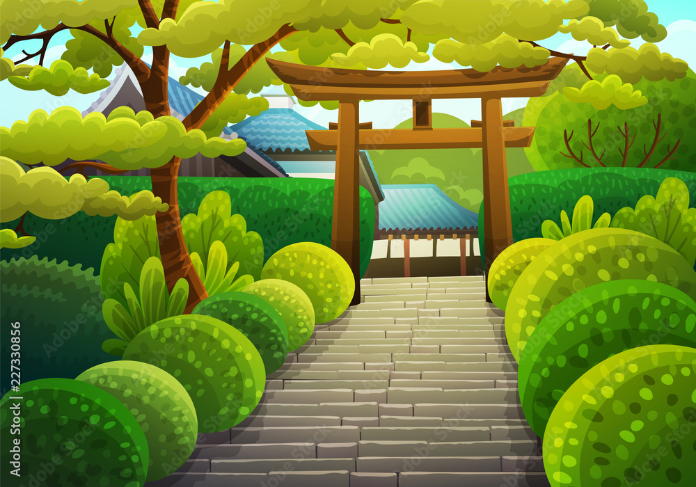 Fototapeta Colorful japanese landscape of stone stairs heading to a shrine through a wooden torii. Garden with bushes and maple tree. Summer season. Vector illustration.