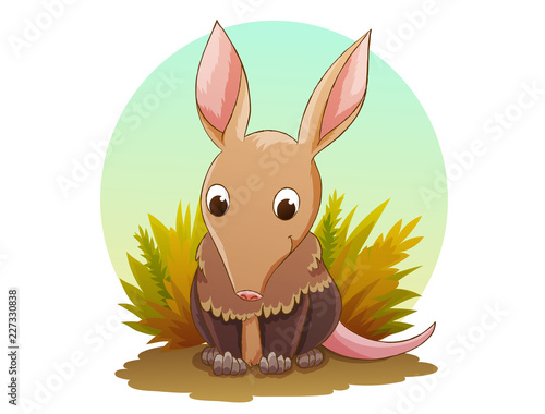 Cute aardvark cartoon character animal. Background of dry grass and blue sky isolated in circle. Vector illustration. 