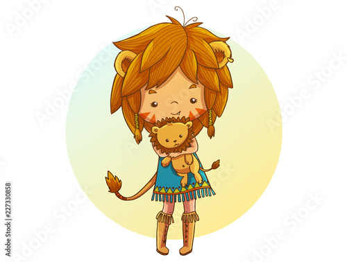 Cute little lion girl with brown mane, golden ears and a tail holding a stuffed lion. Leo zodiac sign. Hand drawn isolated vector illustration.