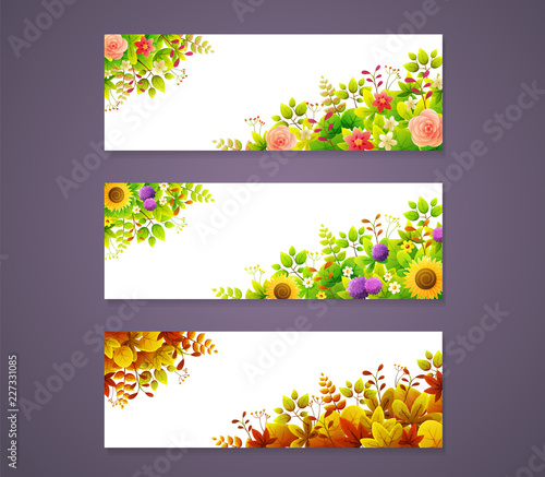 Set of three seasons banners with floral frame. Spring  summer and autumn foliage and flowers. Vector illustration isolated on white background.