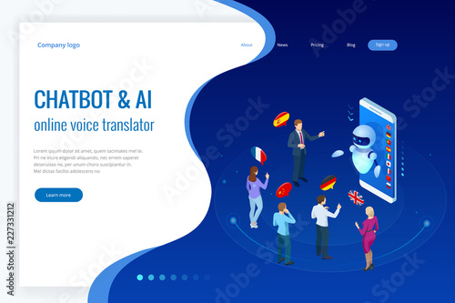 Isometric online voice translator and learning languages concept. E-learning, translate languages or audio guide. Artificial Intelligence chatbot translator.