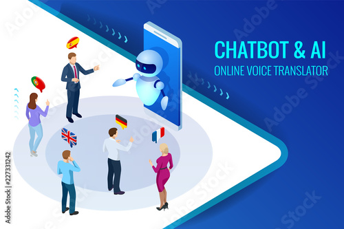 Isometric online voice translator and learning languages concept. E-learning, translate languages or audio guide. Artificial Intelligence chatbot translator.