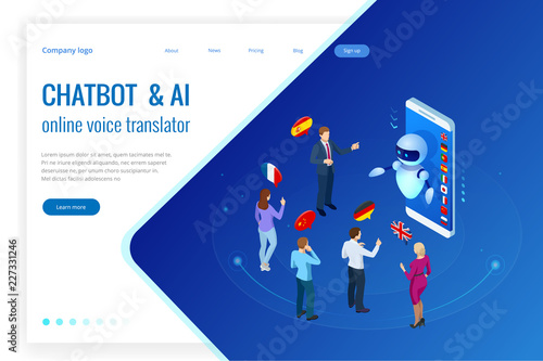 Isometric online voice translator and learning languages concept. E-learning, translate languages or audio guide. Artificial Intelligence chatbot translator.