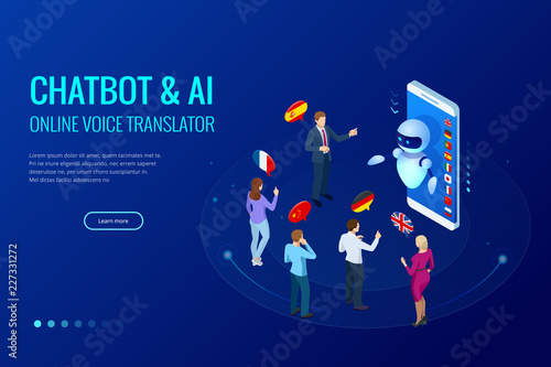 Isometric online voice translator and learning languages concept. E-learning, translate languages or audio guide. Artificial Intelligence chatbot translator.