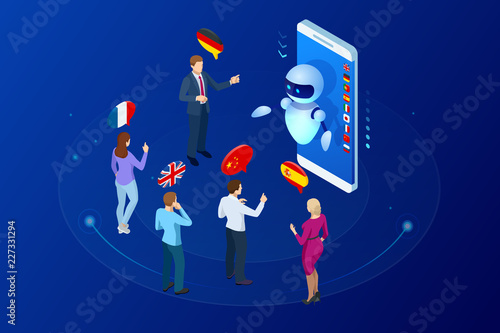 Isometric online voice translator and learning languages concept. E-learning, translate languages or audio guide. Artificial Intelligence chatbot translator.