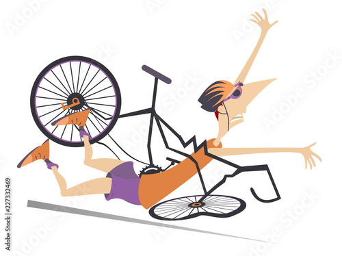 Cyclist falling down from the bicycle isolated illustration. Cyclist falling down from the broken bicycle isolated on white illustration 

