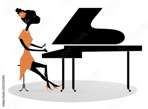 African woman pianist illustration. Cartoon African woman pianist is playing music isolated on white 
