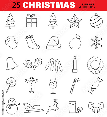 Set of Christmas Vector Line Icons. Tree, Bell, Ball, Snowflake, Candy, Candle and more. Editable Stroke.