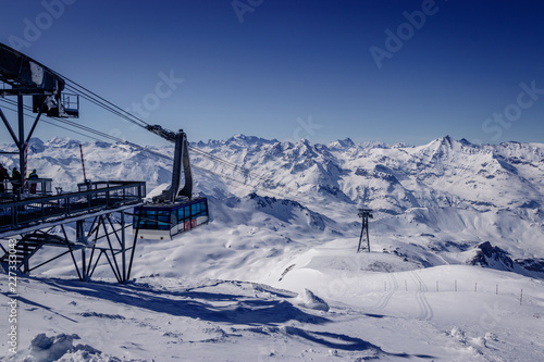 The Grande Motte gondola in Espace Killy the ski resorts of Tignes and Val D'Isere. Espace Killy is a name given to a ski area in the Tarentaise Valley, Savoie in the French Alp