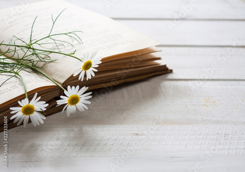 Vintage books with bouquet of flowers.