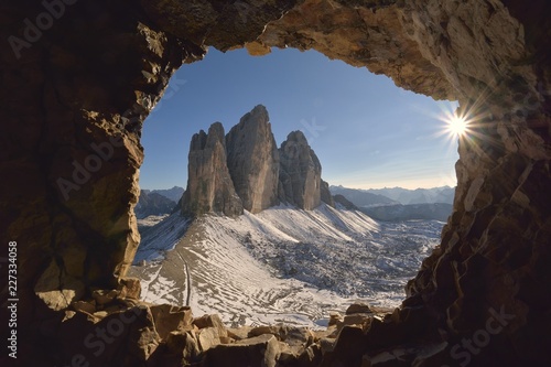 Tre Cime di Lavaredo Peaks from a cave post in the First World War, Dolomites, Italy, Mount Paterno, Dolomites © remus20