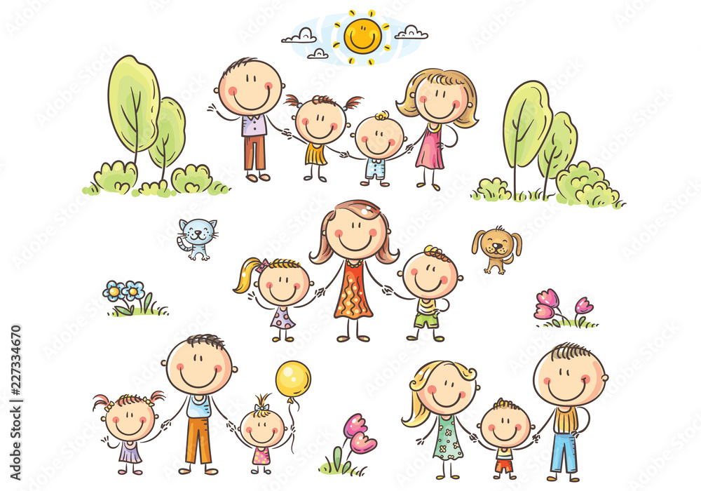Happy families set with children, vector illustration Happy families set with children, vector illustration