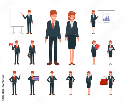 Businesswoman and businessman working character set vector design. Cartoon animated character.