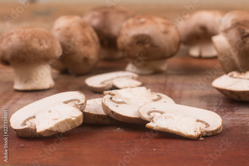 Slices of Fresh champignon mushrooms in a bowl