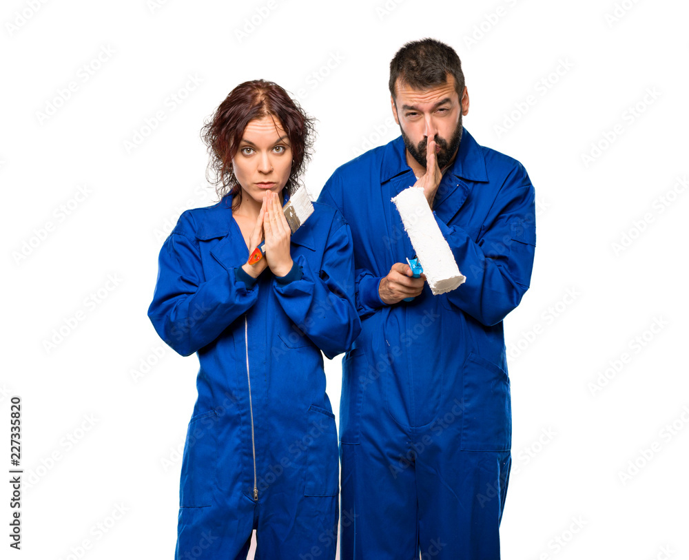 Painters keeps palm together. Person asks for something on isolated white background Painters keeps palm together. Person asks for something on isolated white background