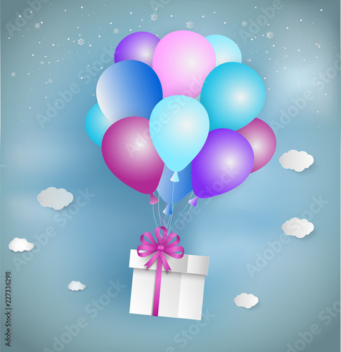 Paper art style of white gift box with pink ribbon and colorful balloon floating on the sky. Merry Christmas and Happy New Year.