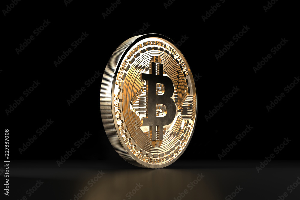 Bitcoin golden coin. Digital currency. Cryptocurrency. Money and finance symbol. Illustration on dark black background. 3D rendering. Bitcoin golden coin. Digital currency. Cryptocurrency. Money and finance symbol. Illustration on dark black background. 3D rendering.