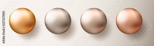 Four realistic transparent spheres or balls in different shades of metallic gold color on white background. Vector illustration eps10