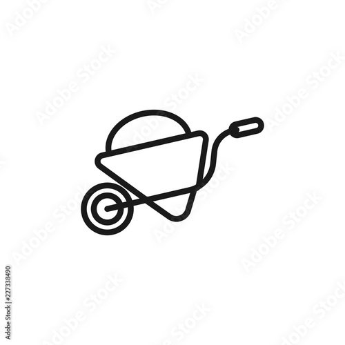 Black flat line vector icon with a picture of a symbol construction equipment wheelbarrow with a load on white background. photo