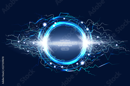 Luminous electric circle lightning atmospheric phenomenon realistic image on dark night sky blue decorative background vector illustration. Party poster or flyer abstract high voltage layout.