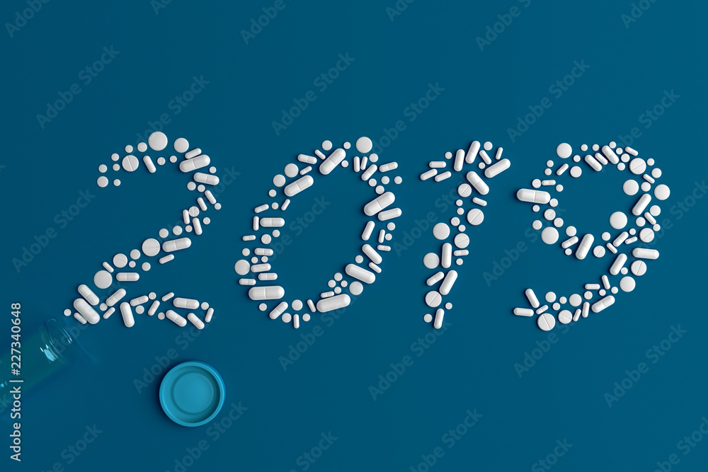 Background of a variety of tablets scattered on a blue background in the form of a silhouette text 2019 3d illustration Background of a variety of tablets scattered on a blue background in the form of a silhouette text 2019 3d illustration