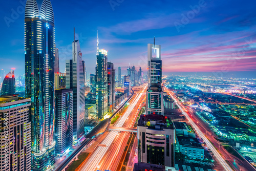 High Rises on Sheikh Zayed Road at twilight, Downtown Dubai, Emirate of Dubai, UAE, Asia photo