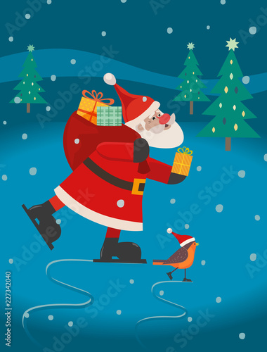 Fancy seasonal poster. Cartoon comic Santa Claus, robin bird in red santa hat togetherness. Merry Christmas magic winter season happiness. Holiday cute flyer background. Vector New Year eve fun banner