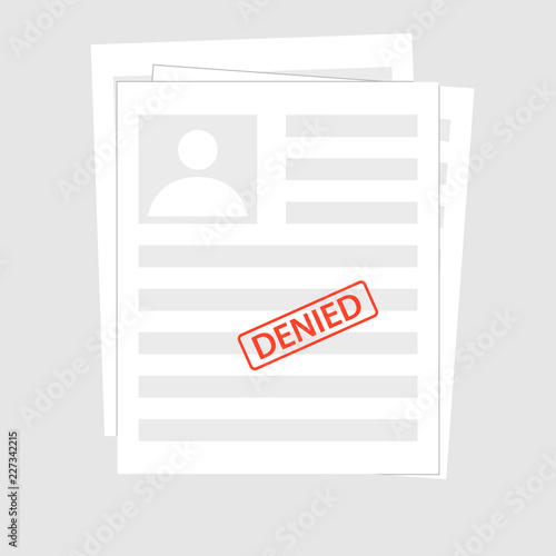 Denied reject document with stamp. Grey application concepts. Top view. Modern flat design graphic elements for web banners, websites, infographics. Vector illustration paper document with photo id.