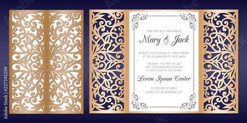 Laser cut wedding invitation card template vector. Die cut paper card with lace pattern. Cutout paper gate fold card for laser cutting or die cutting template.