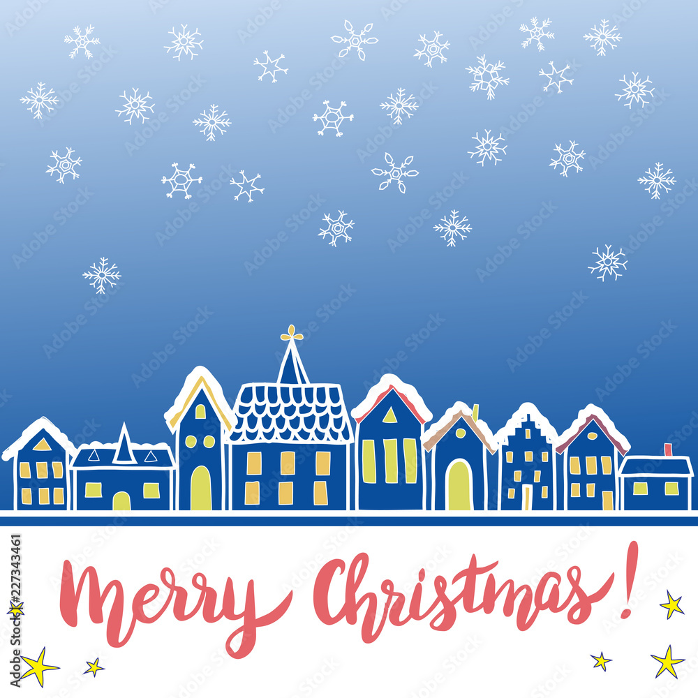 Christmas greeting card with stylized european houses and hand written words Merry Christmas!.
