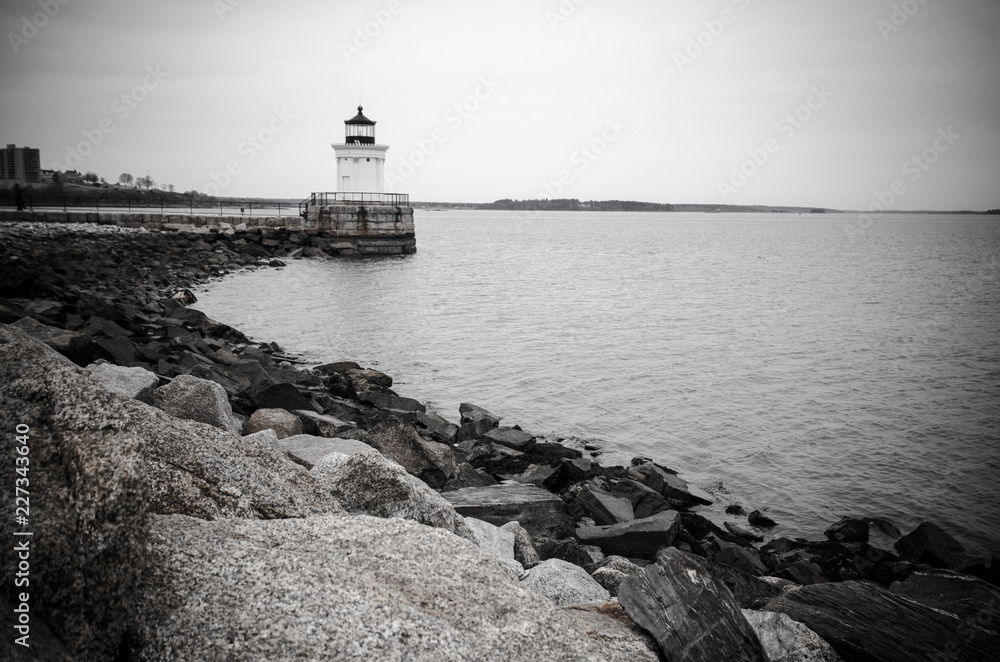 Black and white view of the Portland Bug Ligththouse, a breakwater Light house in Maine