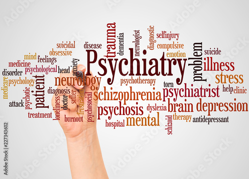 Psychiatry word cloud and hand with marker concept photo