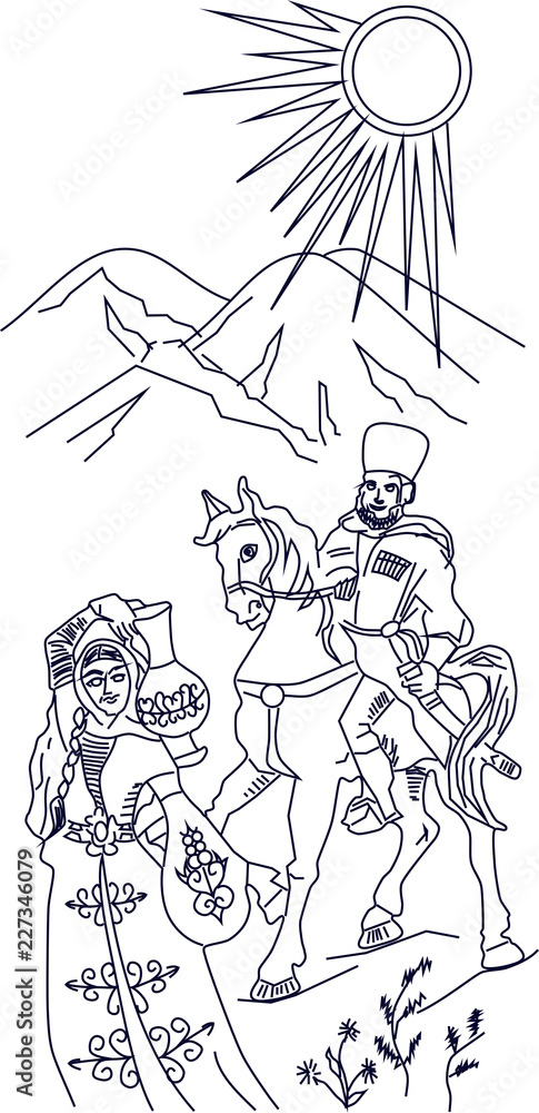 mountains, woman, man, Caucasus, horse. mountains, woman, man, Caucasus, horse.