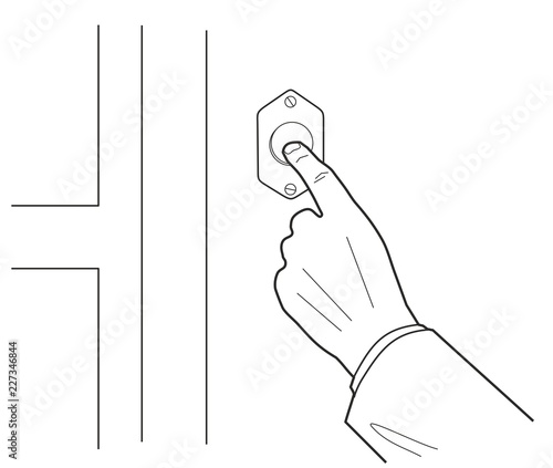 Human hand pressing button. Vector black and white sketch.