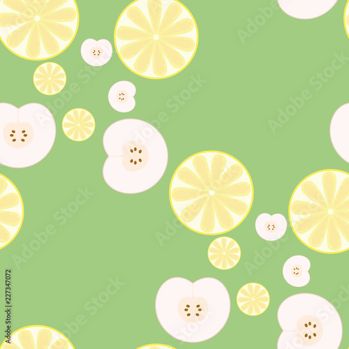 Pattern with orange and apples. Fresh fruit halves pattern