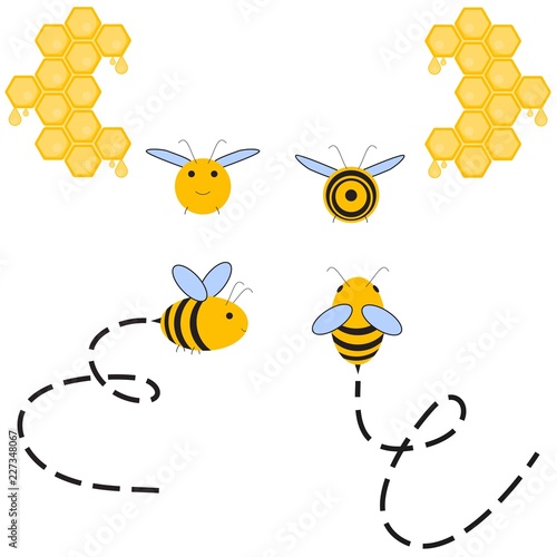 Busy Bee. Abstract flying Honey bee all four dimensions view and tracks. Front, top, side, back. view. Vector illustration