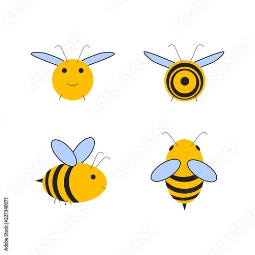 Busy Bee. Abstract flying Honey bee all four dimensions view. Front  top  side  back. view. Vector illustration