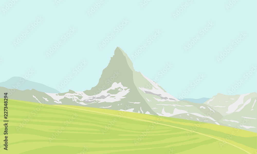 Naklejka premium Górski krajobraz Matterhorn. Lodowowie na górze, zielona dolina, niebieskie niebo. Alpy Szwajcarskie i góra Matterhorn. Krajobraz Szwajcarii. Ilustracji wektorowych.