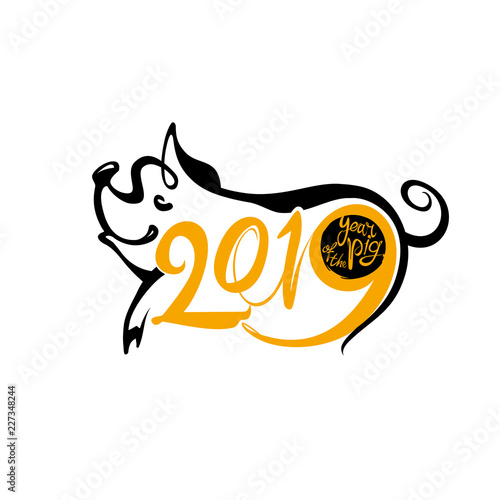 Year of the Pig 2019 on the Chinese Calendar. New Year template 2019 calligraphy and Pig. Black and yellow color of the symbol graphic of the year. Vector Illustration.  
