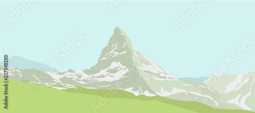 Mountain Matterhorn landscape. Glaciers on mountain, green valley, blue sky. Swiss Alps and Matterhorn mountain. Switzerland landscape. Vector illustration.