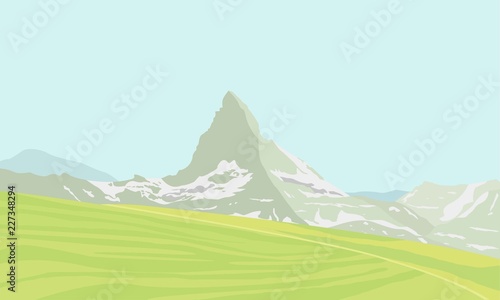 Mountain Matterhorn landscape. Glaciers on mountain, green valley, blue sky. Swiss Alps and Matterhorn mountain. Switzerland landscape. Vector illustration.