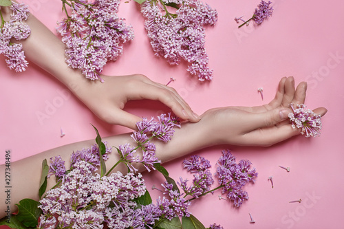 Fototapeta Naklejka Na Ścianę i Meble -  Fashion art hands natural cosmetics women, bright purple lilac flowers in hand with bright contrast makeup, hand care. Creative beauty photo of a girl sitting at table on contrasting pink background