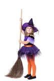 Young girl in halloween costume with broom on white background