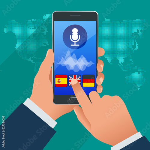 Online voice translator and learning languages concept. E-learning, translate languages or audio guide. Artificial Intelligence chatbot translator.