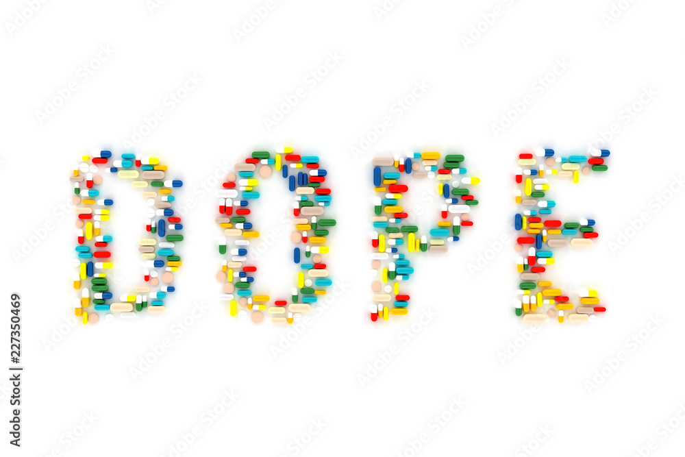 a lot of pills stacked in the word dope on a white background. 3d illustration