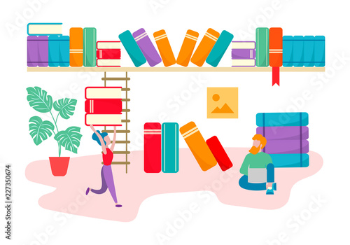 Young man and woman in the library, learning and education concept, world of books.