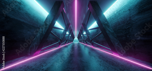 Fototapeta Naklejka Na Ścianę i Meble -  Modern Futuristic Sci Fi Spaceship Triangle Dark Empty Corridor With Door And Purple And Blue Neon Glowing Tube Lights Reflections Background 3D Rendering